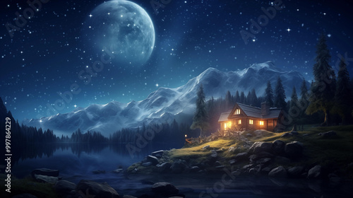 A small hut in the forest by the stream, illuminated by the light of the moon and stars at night.