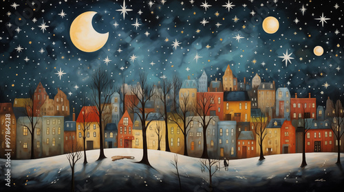 A cartoon-style painting of a city at night, with the moon and stars shining brightly.