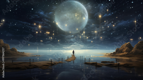 The big moon among the sparkling stars at night shines brightly above the sea.