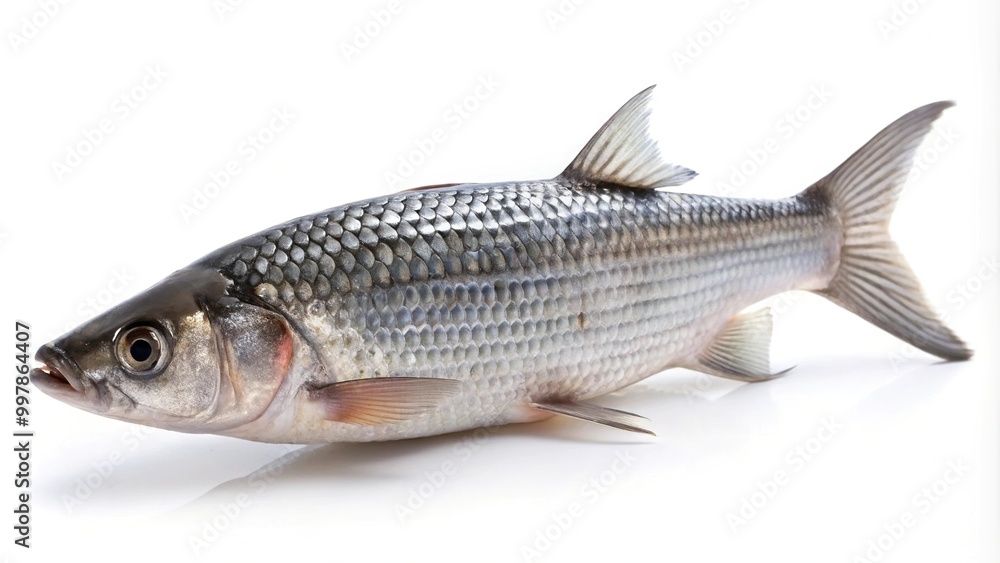 Extreme close-up of grey mullet fish isolated on white background, selective focus Extreme close-up of grey mullet fish isolated on white background, selective focus