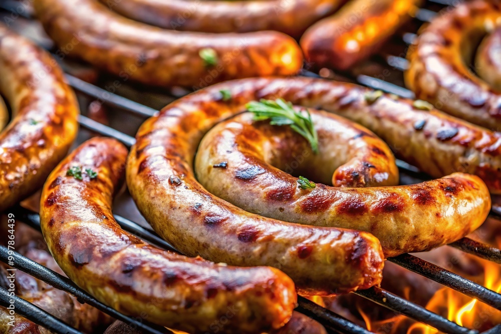 Fototapeta premium Extreme Close-Up of grilled sausages cooking on a South African braai with boerewors sausage