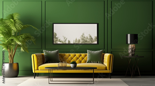 A living room with a black mock up frame on green wall and decor with yellow sofa.