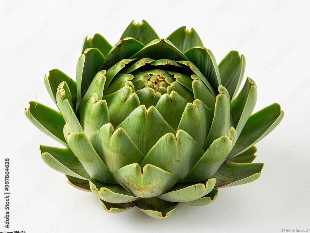 Striking artichoke at the center of the composition, showcasing its deep green color against a pure white background. Striking artichoke at the center of the composition, showcasing its deep green color against a pure white background.
