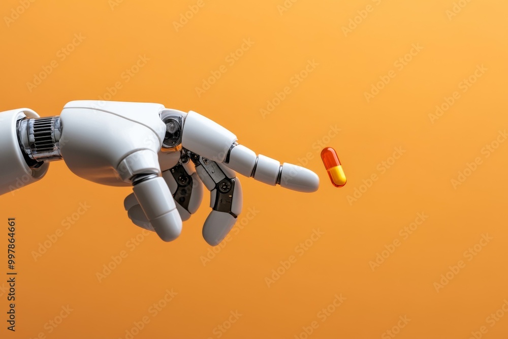 A robotic hand delicately holds a colorful pill against a vibrant orange background. A robotic hand delicately holds a colorful pill against a vibrant orange background.