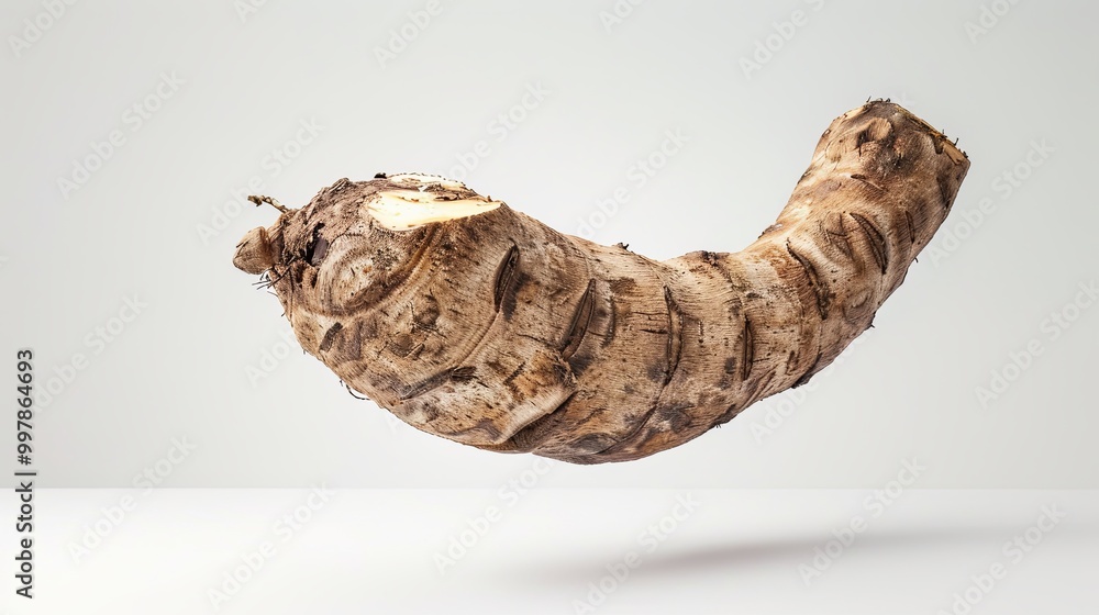 Ultra-realistic front view of a fresh taro root in mid-air against a white background, showcasing fine details and professional color grading, highlighting its unique texture and earthy tones. Ultra-realistic front view of a fresh taro root in mid-air against a white background, showcasing fine details and professional color grading, highlighting its unique texture and earthy tones.