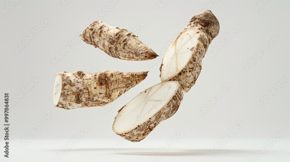Ultra-realistic front view of a fresh taro root in mid-air against a white background, showcasing fine details and professional color grading, highlighting its unique texture and earthy tones. Ultra-realistic front view of a fresh taro root in mid-air against a white background, showcasing fine details and professional color grading, highlighting its unique texture and earthy tones.