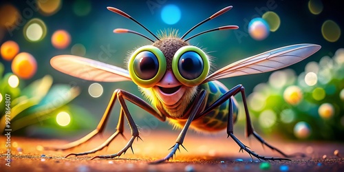 Vibrant cartoon mosquito featuring oversized eyes and a playful expression, perfect for illustrations and designs,