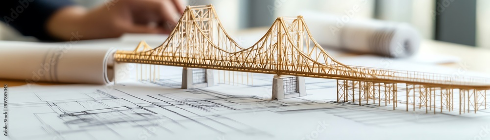 Engineer Bridge Model Bridge design in progress, with engineers reviewing structural models ...