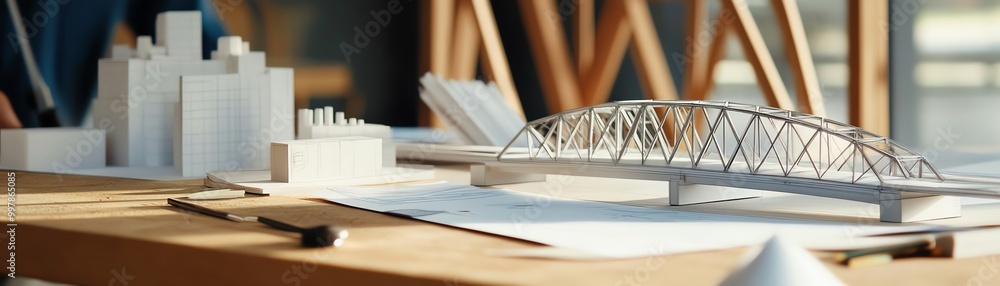 Bridge design in progress, with engineers reviewing structural models and detailed sketches Bridge design in progress, with engineers reviewing structural models and detailed sketches