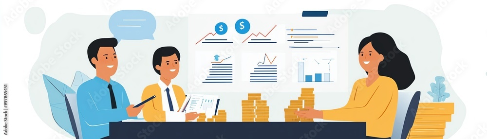 Wealth manager presenting different wealth management options to a couple, showing growing savings and investment plans Wealth manager presenting different wealth management options to a couple, showing growing savings and investment plans