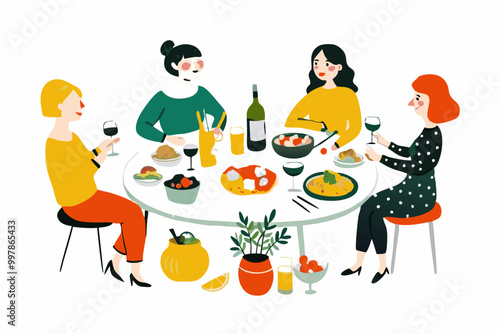 Friends Enjoying a Colorful Dinner Party Illustration