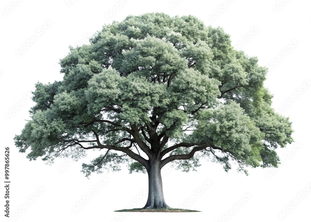 Fototapeta premium A single isolated tree with green leaves and a sturdy trunk set against a clean white background, representing nature and growth in a 3D style