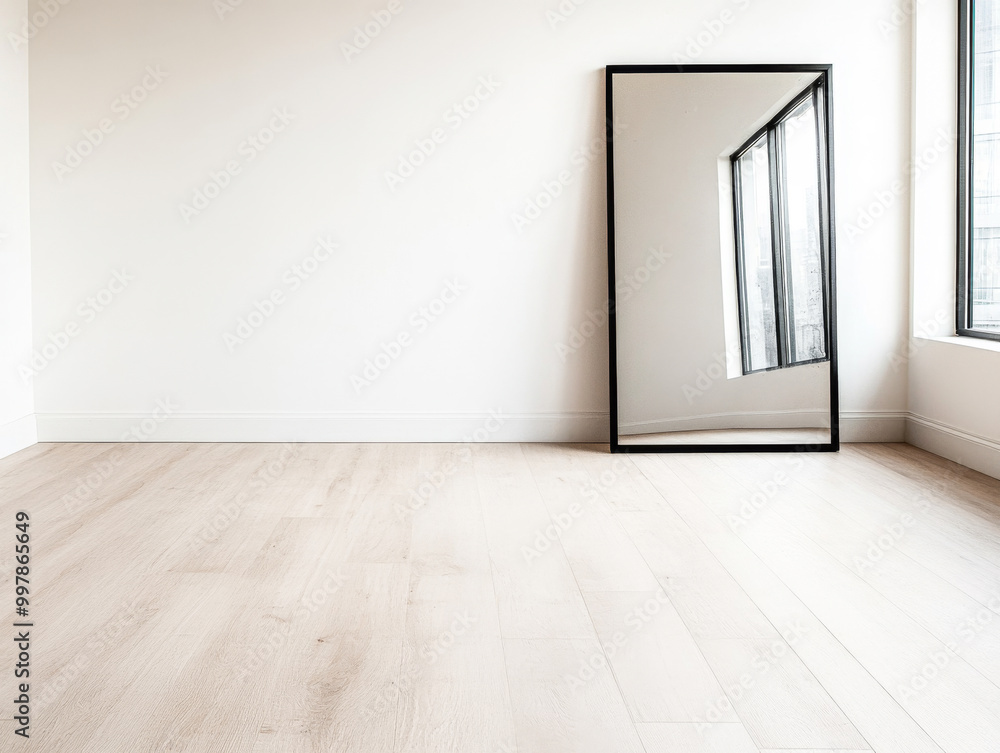 Bright modern room with wooden flooring and a large mirror reflecting natural light through a window Bright modern room with wooden flooring and a large mirror reflecting natural light through a window