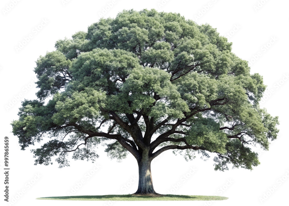A large oak tree with green leaves and a thick trunk, standing alone on a white background, representing nature and growth in spring or summer A large oak tree with green leaves and a thick trunk, standing alone on a white background, representing nature and growth in spring or summer