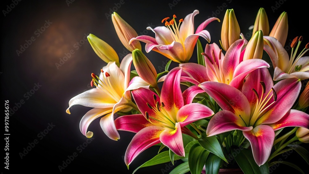 Extreme close-up of lily bouquet on black background Extreme close-up of lily bouquet on black background