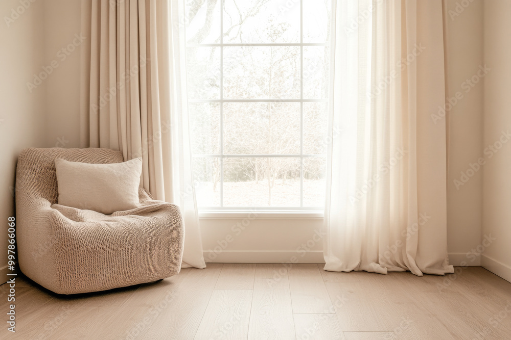 Fototapeta premium Cozy reading nook with plush chair and large window providing natural light in a serene room setting