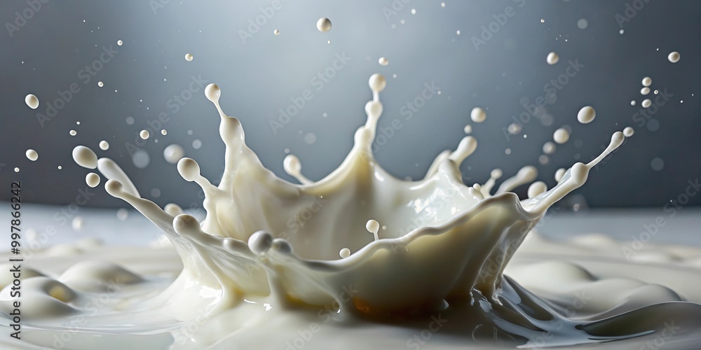 Extreme close-up of milk splashes into white liquid, empty space under falling object Extreme close-up of milk splashes into white liquid, empty space under falling object