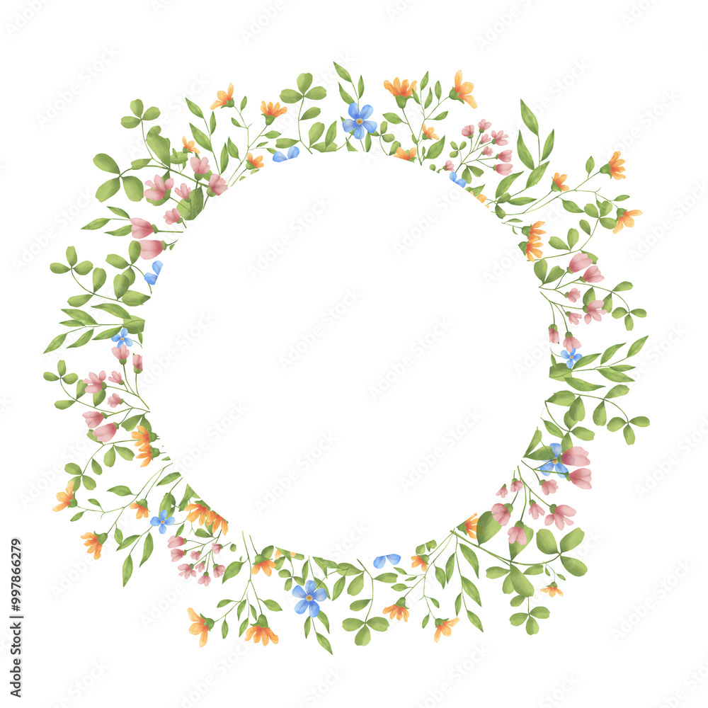 Light meadow flowers and green leaves on a frame. Watercolor digital illustration. Wild flowers frame a round postcard, isolated on a background. Watercolor flowers and fragile leaves and twigs Light meadow flowers and green leaves on a frame. Watercolor digital illustration. Wild flowers frame a round postcard, isolated on a background. Watercolor flowers and fragile leaves and twigs