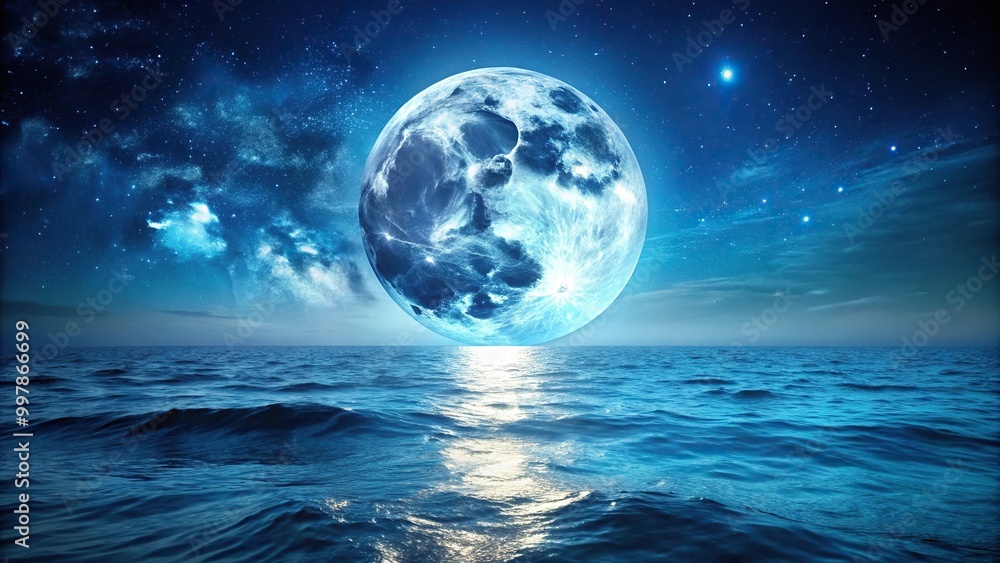 Extreme close-up of night moon in space over the sea in cyan tones Extreme close-up of night moon in space over the sea in cyan tones