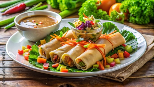 Vibrant lumpia sariwa filled with fresh, colorful vegetables, drizzled with creamy peanut sauce, beautifully presented photo