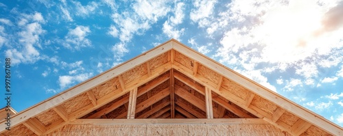 View of the blue sky and gabled roof of a stick-built house under construction. Brand-new roof with a post-and-beam, timber truss structure. A house with a timber frame. photo