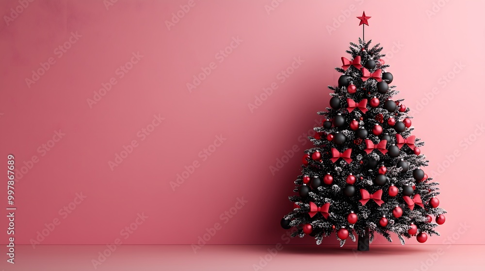 A beautifully decorated Christmas tree with black and red bows stands against a soft pink background, exuding festive elegance and joy. Red and Black Background Concept A beautifully decorated Christmas tree with black and red bows stands against a soft pink background, exuding festive elegance and joy. Red and Black Background Concept