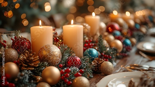 Christmas table setting with candles, ornaments, and holiday decor