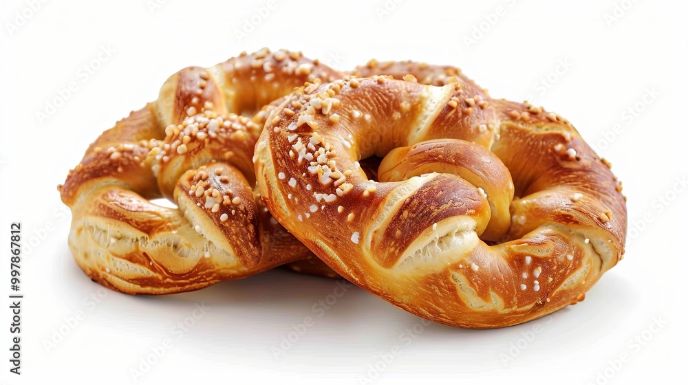 Freshly baked soft pretzels displayed against a clean white background, captured in a highly detailed and ultra-realistic style, highlighting their golden-brown texture and twisted design. Freshly baked soft pretzels displayed against a clean white background, captured in a highly detailed and ultra-realistic style, highlighting their golden-brown texture and twisted design.