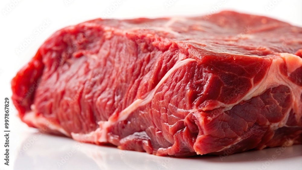 Extreme close-up of raw red meat on white isolated background