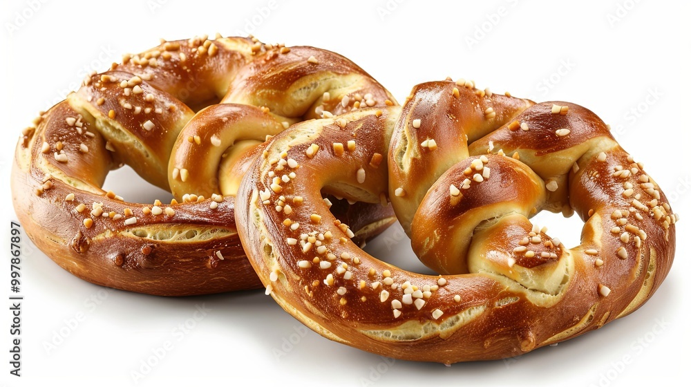 Freshly baked soft pretzels displayed against a clean white background, captured in a highly detailed and ultra-realistic style, highlighting their golden-brown texture and twisted design. Freshly baked soft pretzels displayed against a clean white background, captured in a highly detailed and ultra-realistic style, highlighting their golden-brown texture and twisted design.