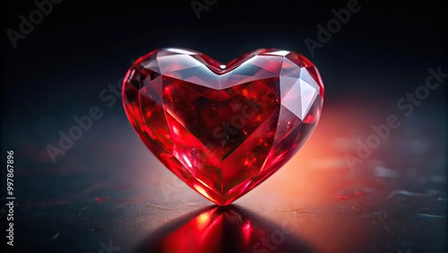 Extreme close-up of red crystal heart on dark background