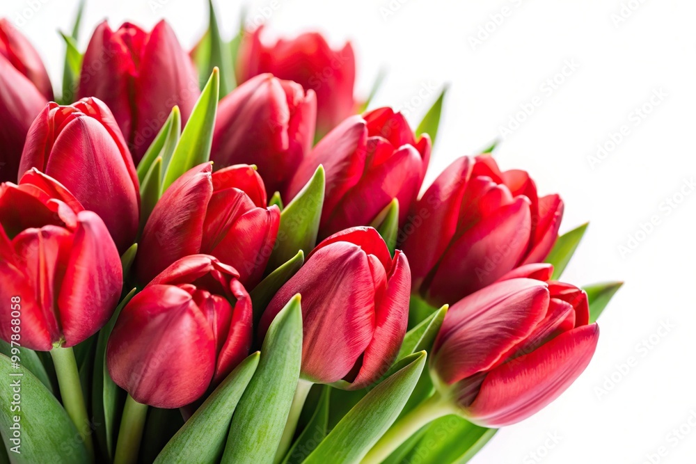 Extreme close-up of red tulips bouquet on white background Extreme close-up of red tulips bouquet on white background