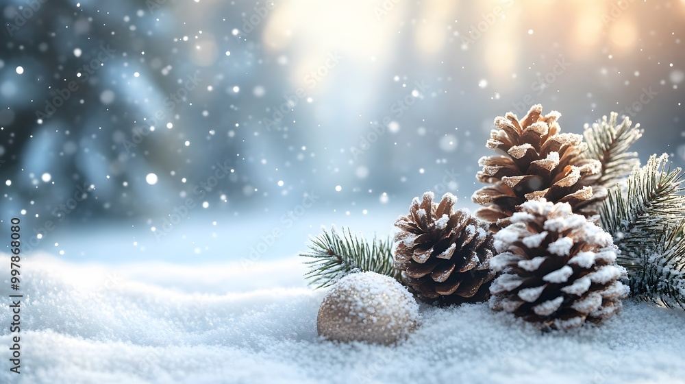 Christmas background with glittering ornaments, ribbons, and snowy pinecones Christmas background with glittering ornaments, ribbons, and snowy pinecones