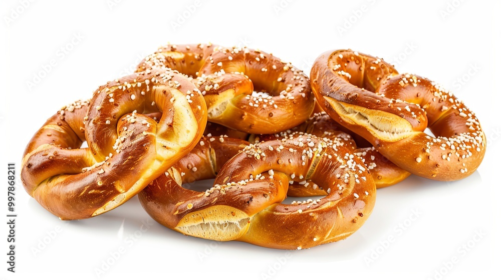 Freshly baked soft pretzels displayed against a clean white background, captured in a highly detailed and ultra-realistic style, highlighting their golden-brown texture and twisted design. Freshly baked soft pretzels displayed against a clean white background, captured in a highly detailed and ultra-realistic style, highlighting their golden-brown texture and twisted design.