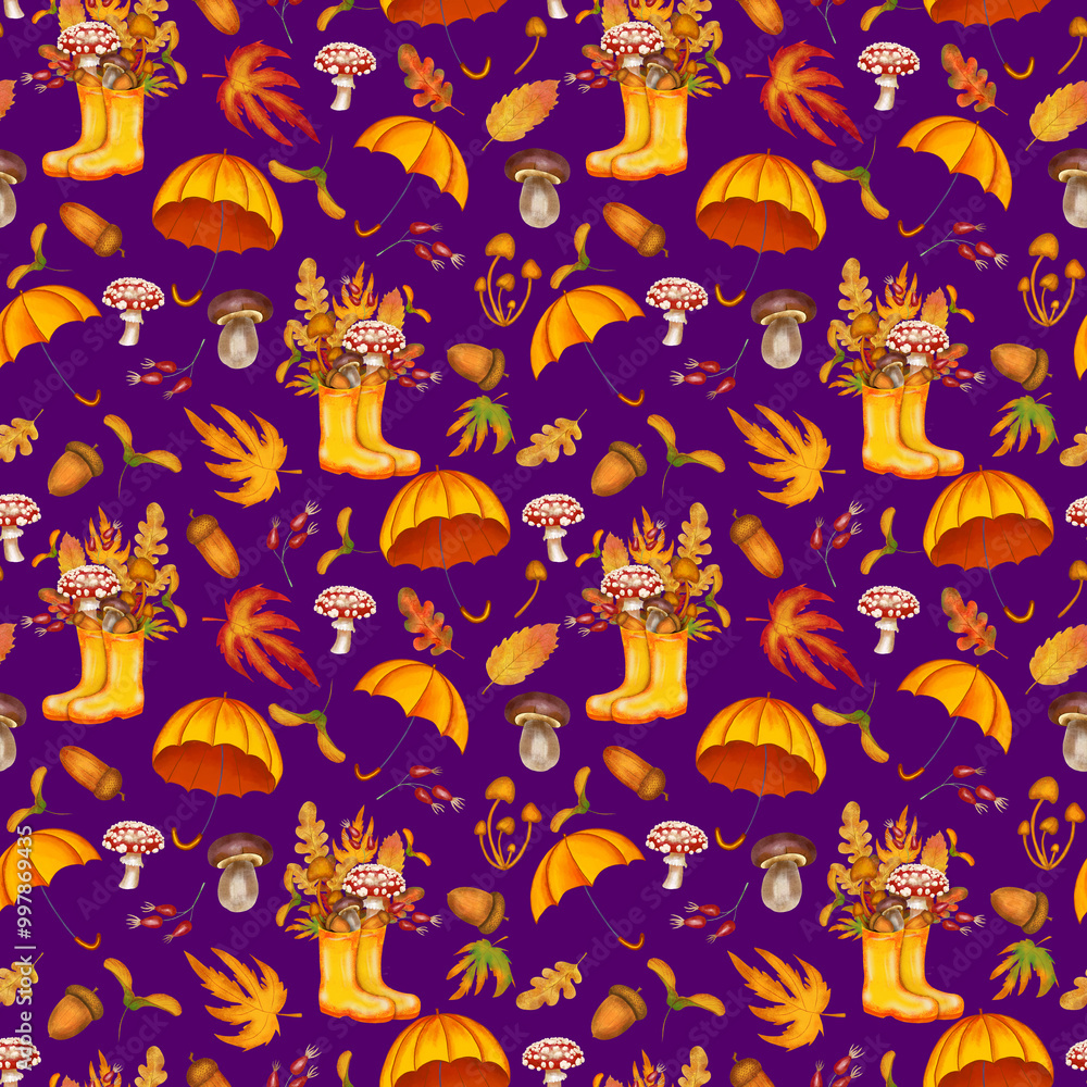 Autumn watercolor pattern with leaves and mushrooms. Endless background in cozy fall style with botanical elements and boots. Hand painted wallpaper and fabric print with forest theme. Autumn watercolor pattern with leaves and mushrooms. Endless background in cozy fall style with botanical elements and boots. Hand painted wallpaper and fabric print with forest theme.