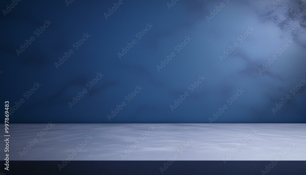 Studio with podium for product presentation. Empty floor and blue wall with stand. 3D room with gradient background. Countertop with concrete or marble texture. studio presentation a product. 