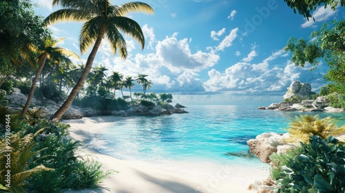 A sunny tropical coastal paradise Surrounded by turquoise waters photo