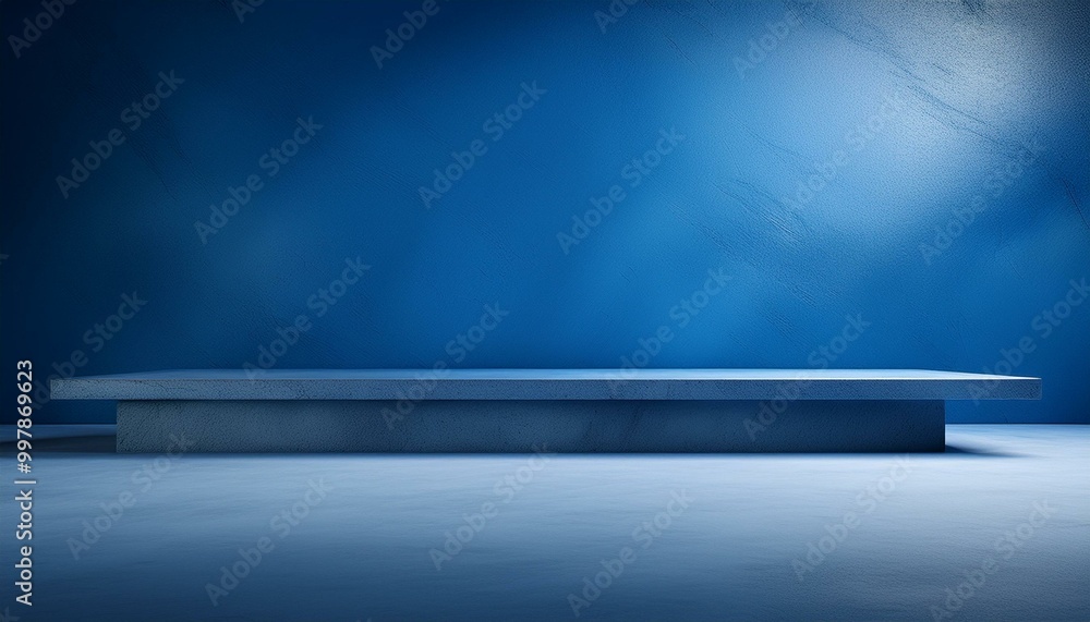 Studio with podium for product presentation. Empty floor and blue wall with stand. 3D room with gradient background. Countertop with concrete or marble texture. studio presentation a product. Studio with podium for product presentation. Empty floor and blue wall with stand. 3D room with gradient background. Countertop with concrete or marble texture. studio presentation a product.