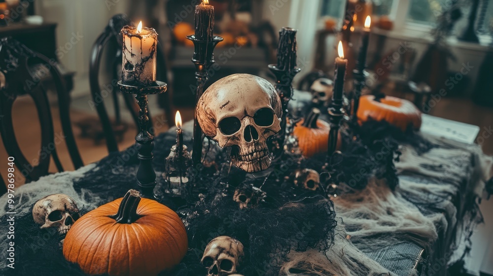 Fototapeta premium Eerie Halloween Table Setting with Skulls, Pumpkins, and Black Candles Surrounded by Cobwebs