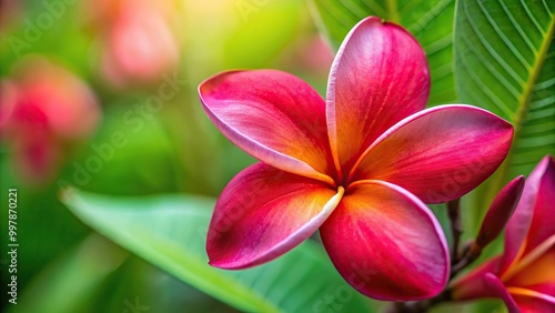 Extreme close-up of vibrant red Frangipani flowers, also known as Plumeria Rubra