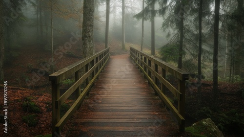 Misty Forest Path with Wooden Bridge - Nature Photography