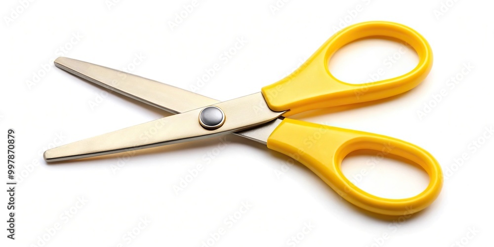 Extreme close-up of yellow scissors lifting isolated on white background Extreme close-up of yellow scissors lifting isolated on white background