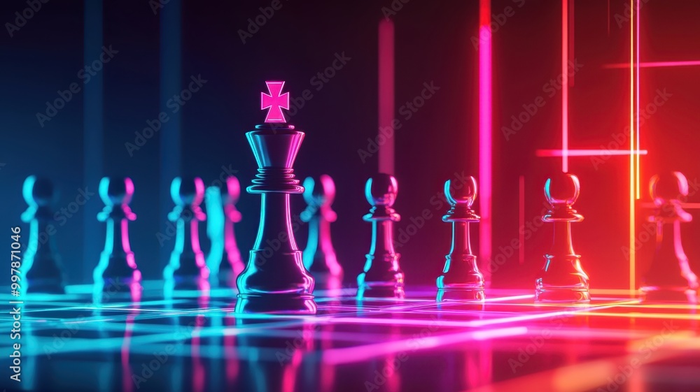 Neon Chess Mastery - King Strategizing Among Pawns, Digital Art Symbolizing Dominance and Planning Neon Chess Mastery - King Strategizing Among Pawns, Digital Art Symbolizing Dominance and Planning