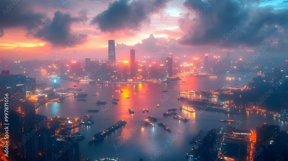 Glass skyscrapers bathed in golden sunset light in a cityscape Glass skyscrapers bathed in golden sunset light in a cityscape