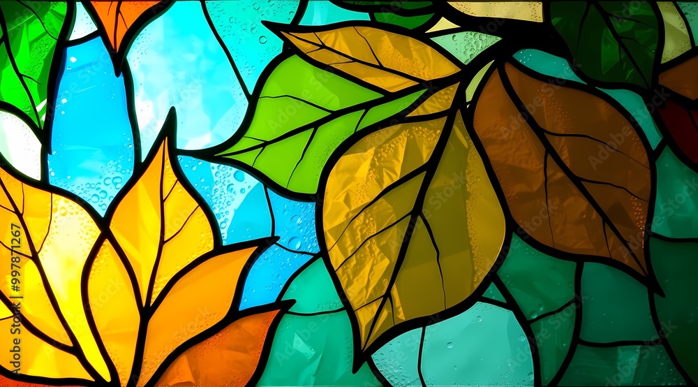 Artistic Stained Glass Window with Abstract Leaf Designs and Ethereal Glow Artistic Stained Glass Window with Abstract Leaf Designs and Ethereal Glow