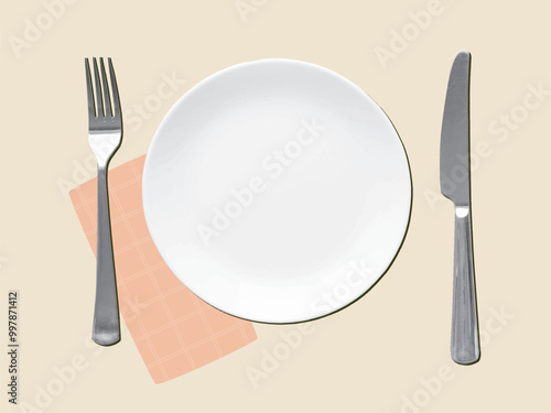 Served table - empty white plate, fork knife and napkin, top view. Modern collage vector illustration