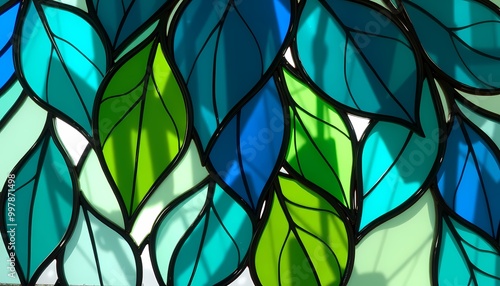 Intricate Stained Glass Mosaic with Organic Leaf Forms in Vibrant Hues