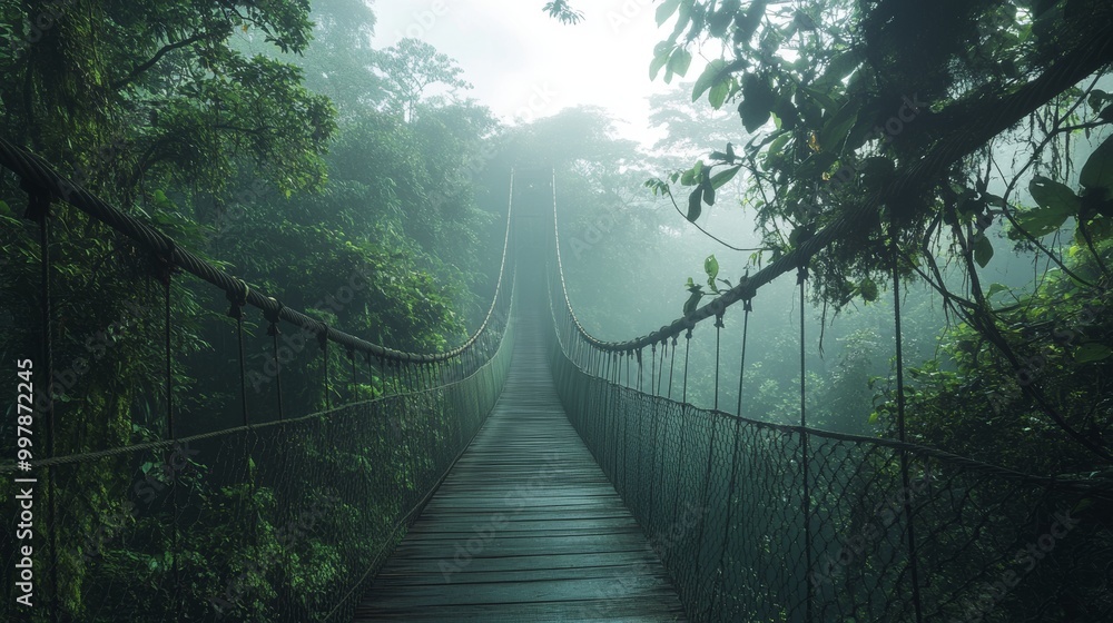 Obraz premium Misty Jungle Bridge: A Serene Path Through Lush Greenery