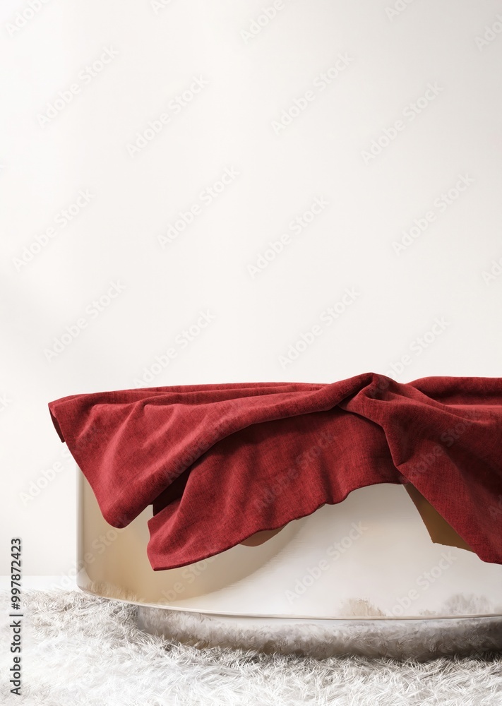 Round gold chrome podium table on shag rug with red throw blanket in sunlight on white wall for luxury, elegant cosmetic, skincare, body care, beauty product display background 3D Round gold chrome podium table on shag rug with red throw blanket in sunlight on white wall for luxury, elegant cosmetic, skincare, body care, beauty product display background 3D