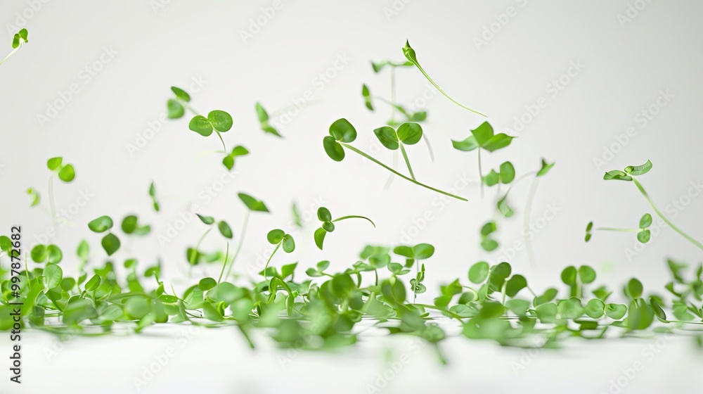 Ultra-realistic view of pea shoots gracefully floating in the air against a pristine white background, showcasing intricate details and vibrant colors, perfect for culinary and botanical themes. Ultra-realistic view of pea shoots gracefully floating in the air against a pristine white background, showcasing intricate details and vibrant colors, perfect for culinary and botanical themes.